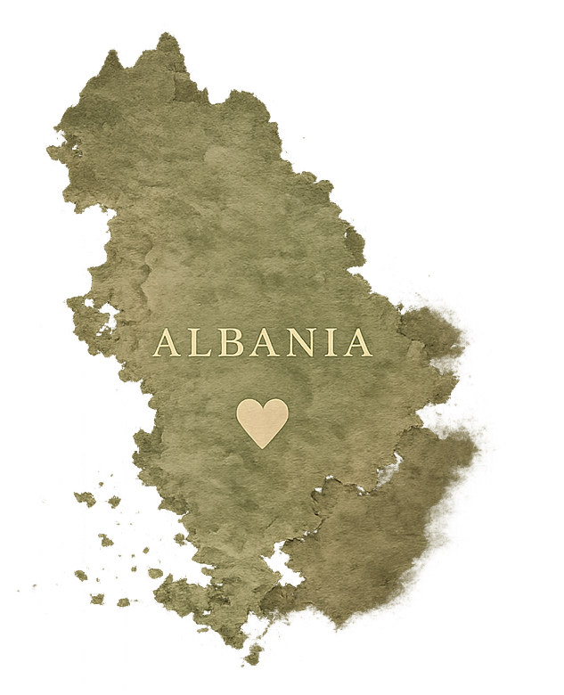 Watercolor map of Albania with a gold heart marking the venue near Tirana